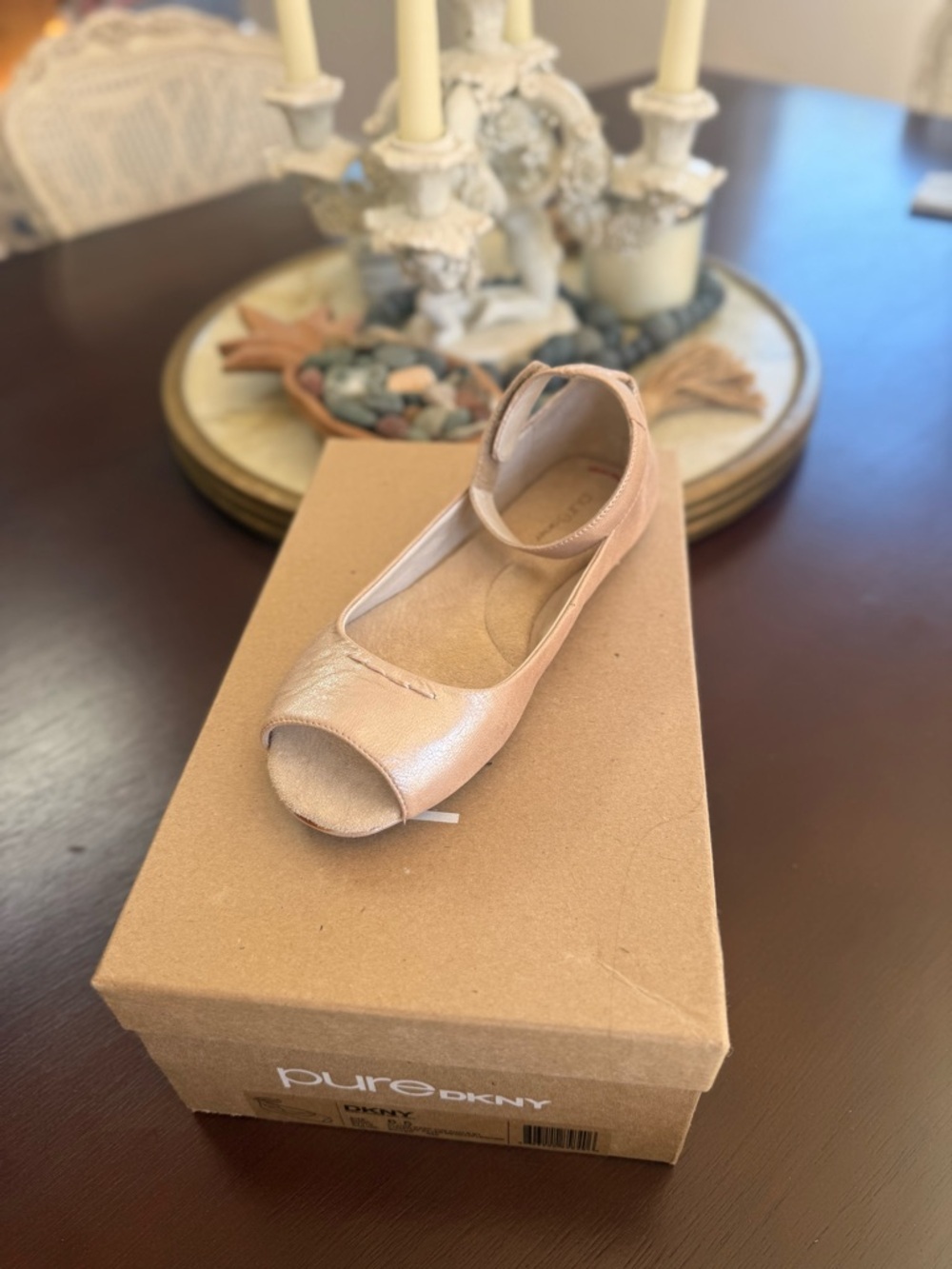 DKNY Rose Gold Peep-Toe Ankle-Strap Flat